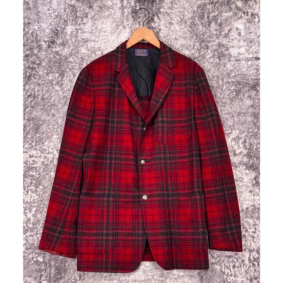 Vintage Pendleton Jacket Large Mens Red Plaid Wool Flannel Blazer Shirt - Picture 1 of 9
